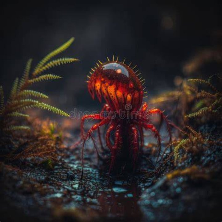 A bright red creature with a single eye, several fangs pointing in various directions with drool dripping down hem, and red tentacle tusks looks menacingly at the viewer.